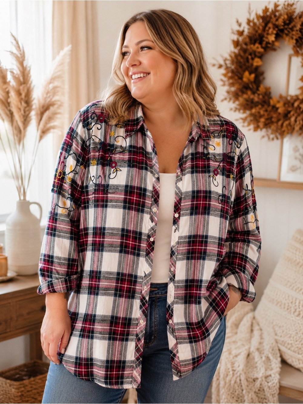Terra & Sky Embroidered Plaid Shirt 1X 16W 18W Cotton Flannel